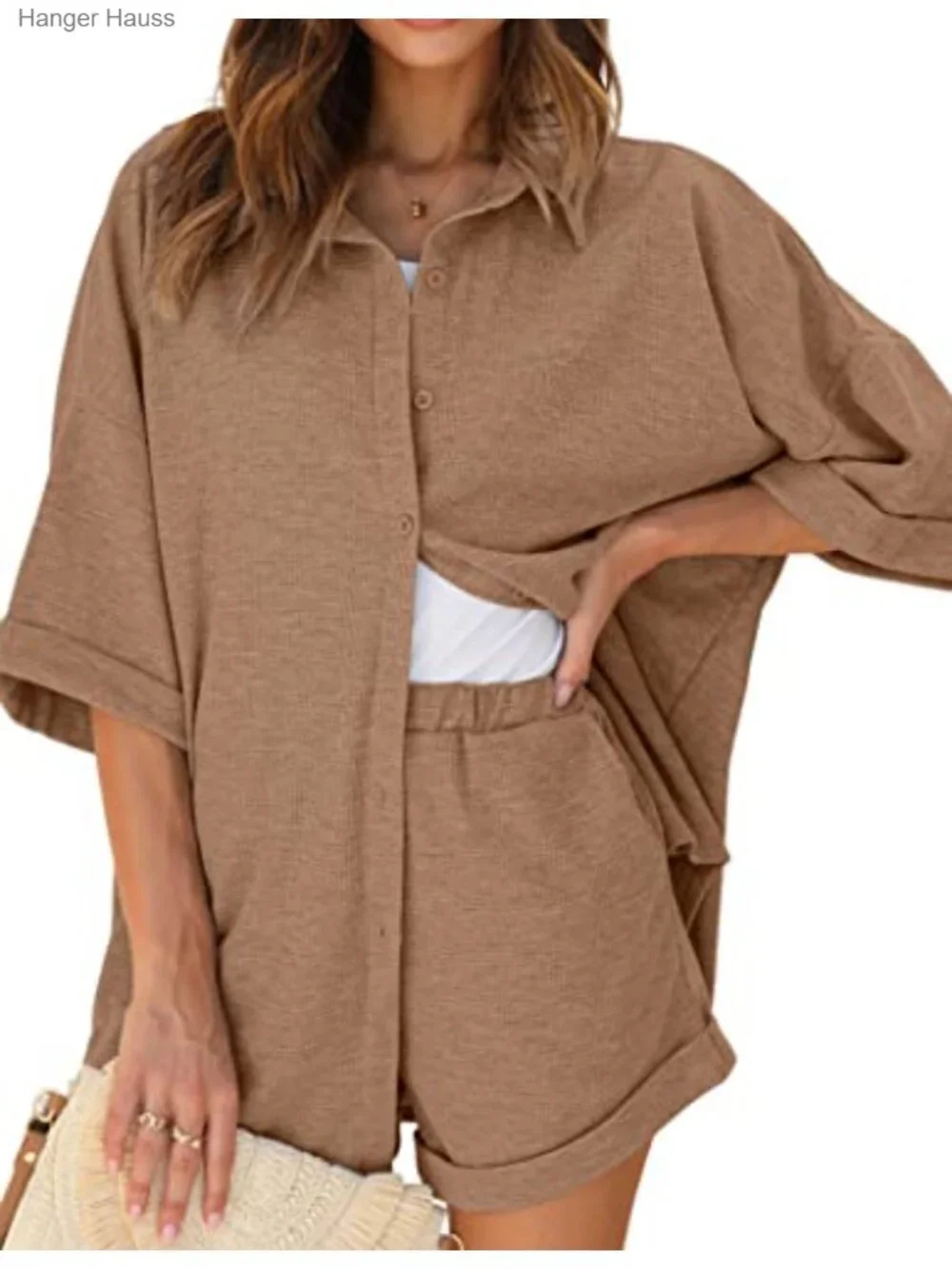 Waffle Knit Lounge Set for Women Short Sleeve Pajama Shorts Set